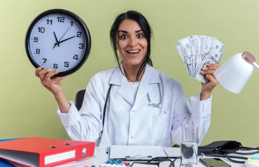 excited-young-female-doctor-wearing-medical-robe-with-stethoscope-sits-desk-with-medical-tools-holding-wall-clock-with-cash-isolated-olive-green-wall